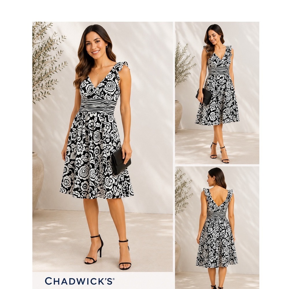 Chadwick's Black White Floral Fit Flare Dress Size 6 Ruched Waist Retro Pinup